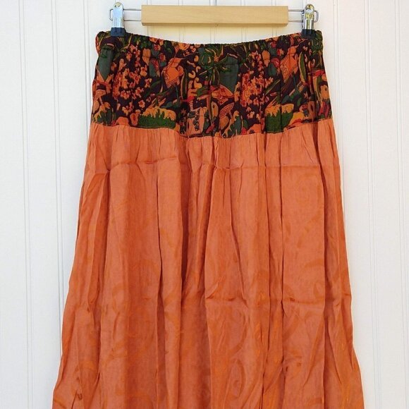 Vintage Boho Handmade Midi Skirt Size S Floral Orange Pull On Elastic Waist Fall - Picture 8 of 9